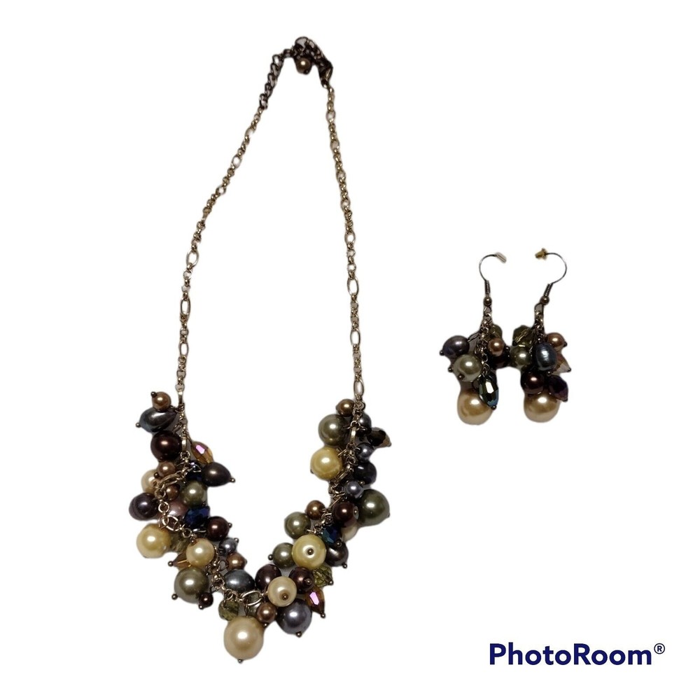 Necklace Earring Set Multi Color Faux Pearls Cluster Gold Tone Vintage